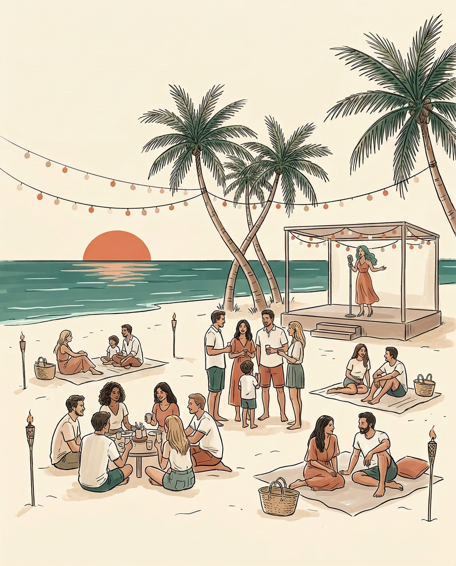Illustration of a community beach gathering at sunset in Abu Dhabi