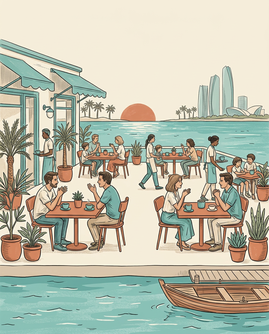Illustration of a coastal café terrace in Abu Dhabi